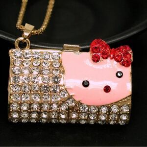 Pink Rhinestone Lovely Bow Kitten Cat Wallet Pendant Necklace NWOT